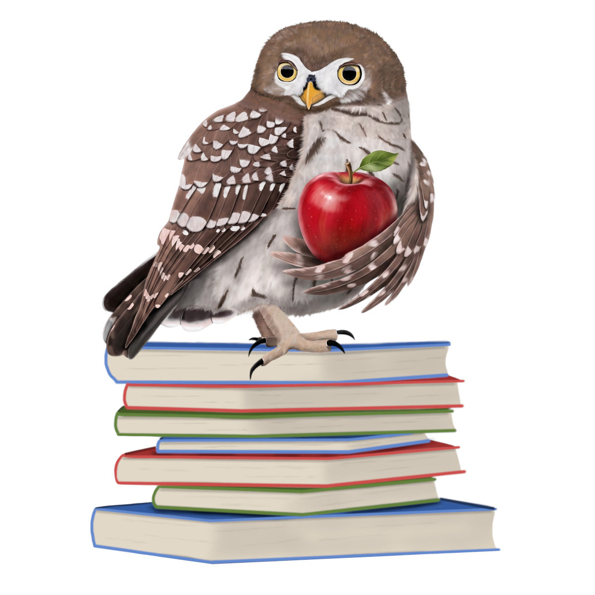 A digital illustration of a small owl perched on a stack of colorful books and holding a red apple.
