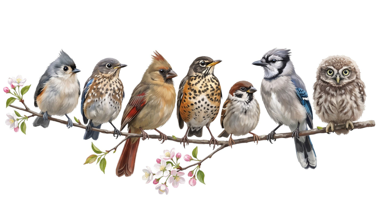 Detailed digital illustration of seven cute baby birds sitting side by side on a spring branch, featuring a Tufted Titmouse, Eastern Bluebird, Northern Cardinal, American Robin, Sparrow, Blue Jay, and Little Owl.