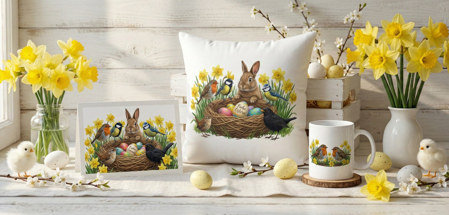 Stimmungsvolles Oster-Arrangement mit illustrierten Vogel-Grußkarten und passender Osterdeko von jz.birds auf einem Holztisch.