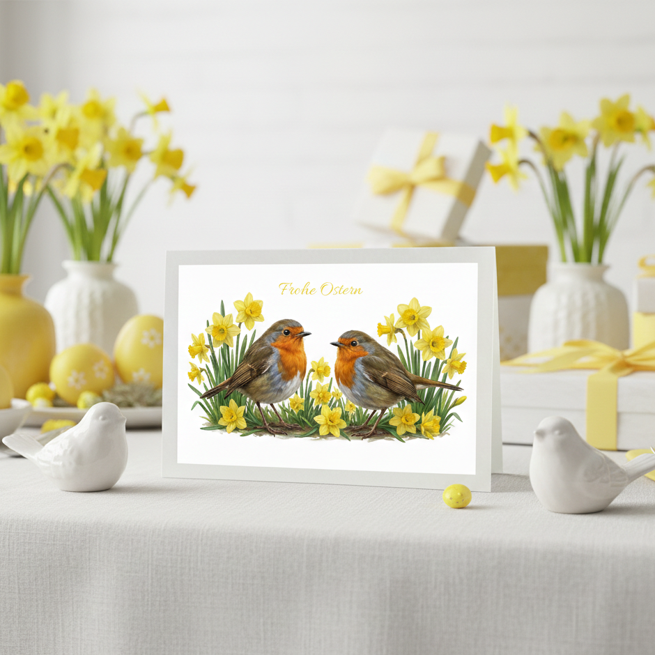 Festlich gedeckter Ostertisch mit gelben Osterglocken und einer illustrierten Osterkarte, die zwei Rotkehlchen als Frühlingsmotiv zeigt.