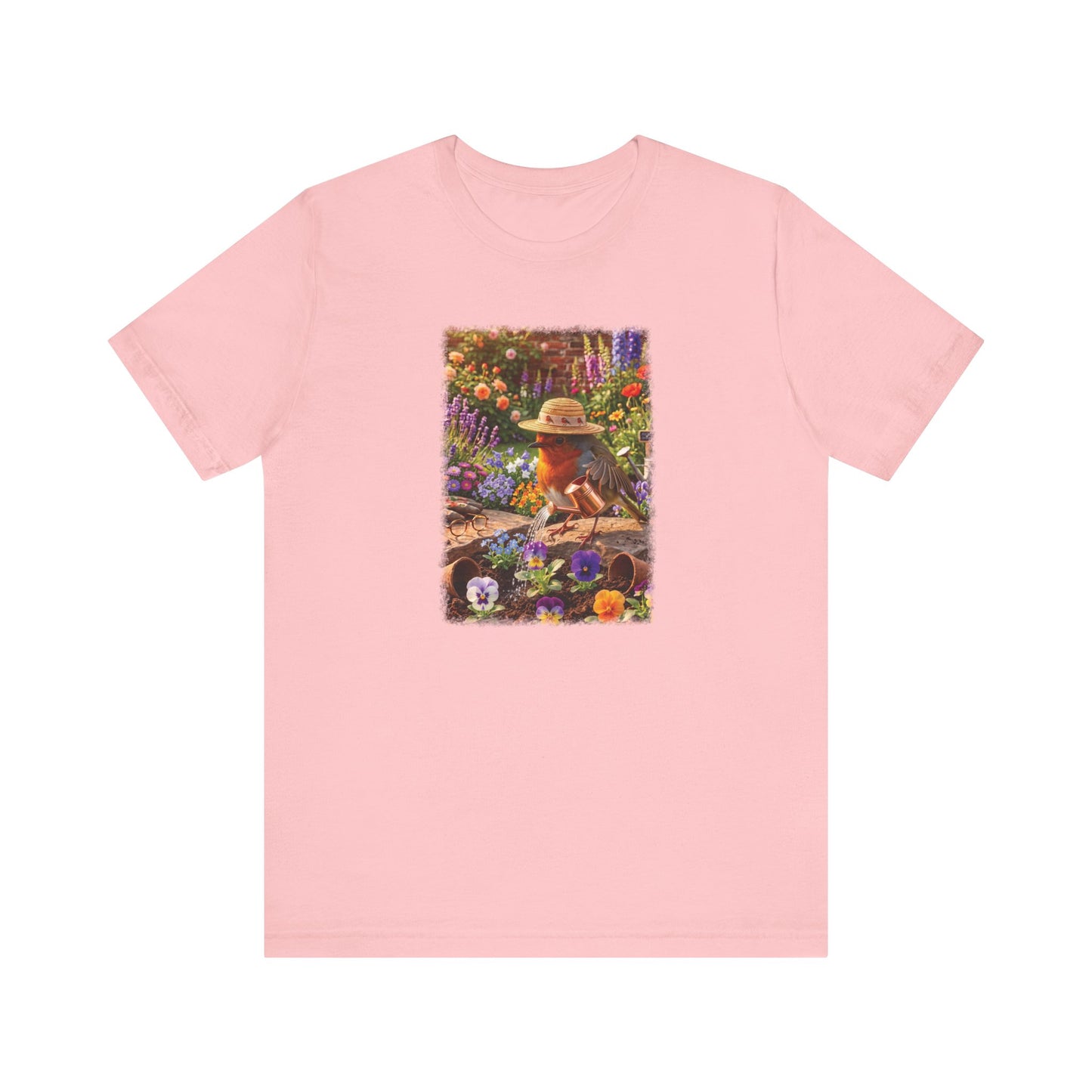 Robin Rosi Watering Flowers T-Shirt for Bird Lovers