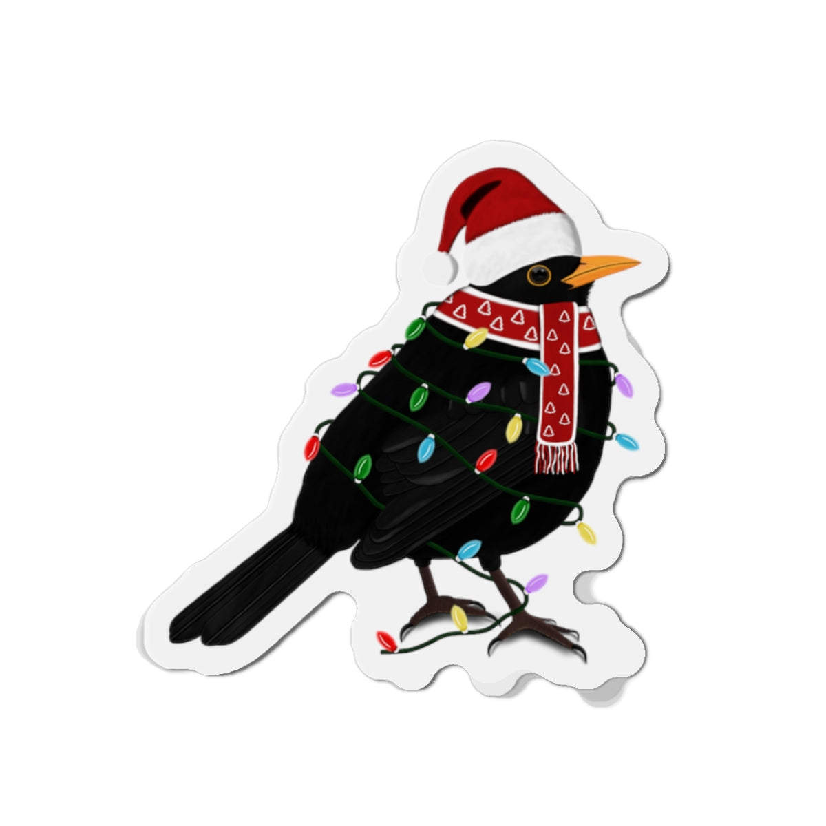 Blackbird with Fairy Lights and Scarf Christmas Bird Magnet