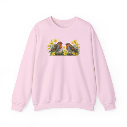 Rotkehlchen Oster-Sweatshirt Frühlingswiese – Singvögel in Osterglocken | Unisex Pullover