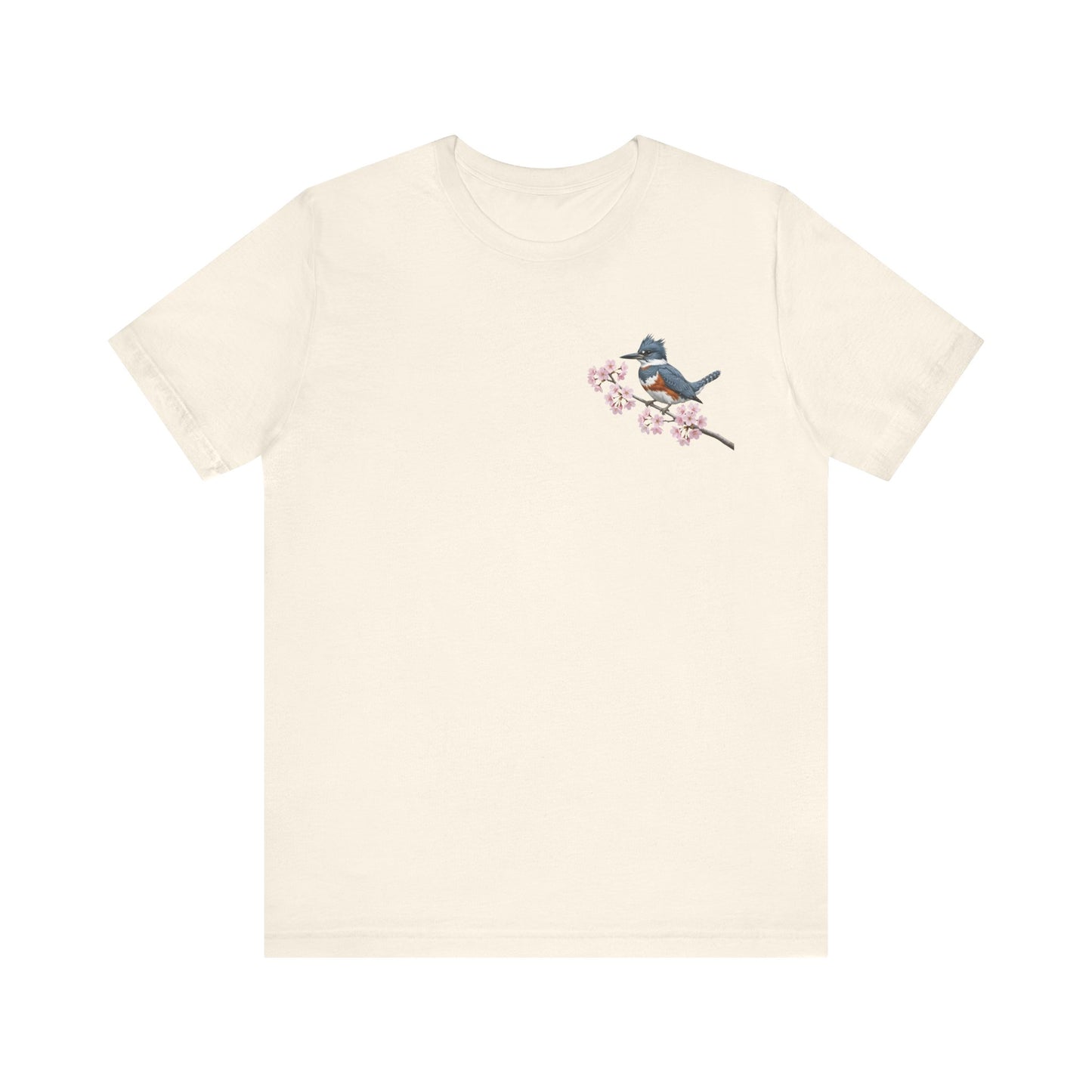 Belted Kingfisher Cherry Blossom T-Shirt | Floral Spring Tee for Bird Lovers