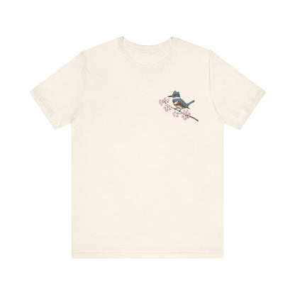 Belted Kingfisher Cherry Blossom T-Shirt | Floral Spring Tee for Bird Lovers