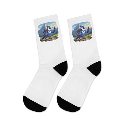Blue Jay on a Hike Bird Socks White for Bird and Hiking Lovers One Size
