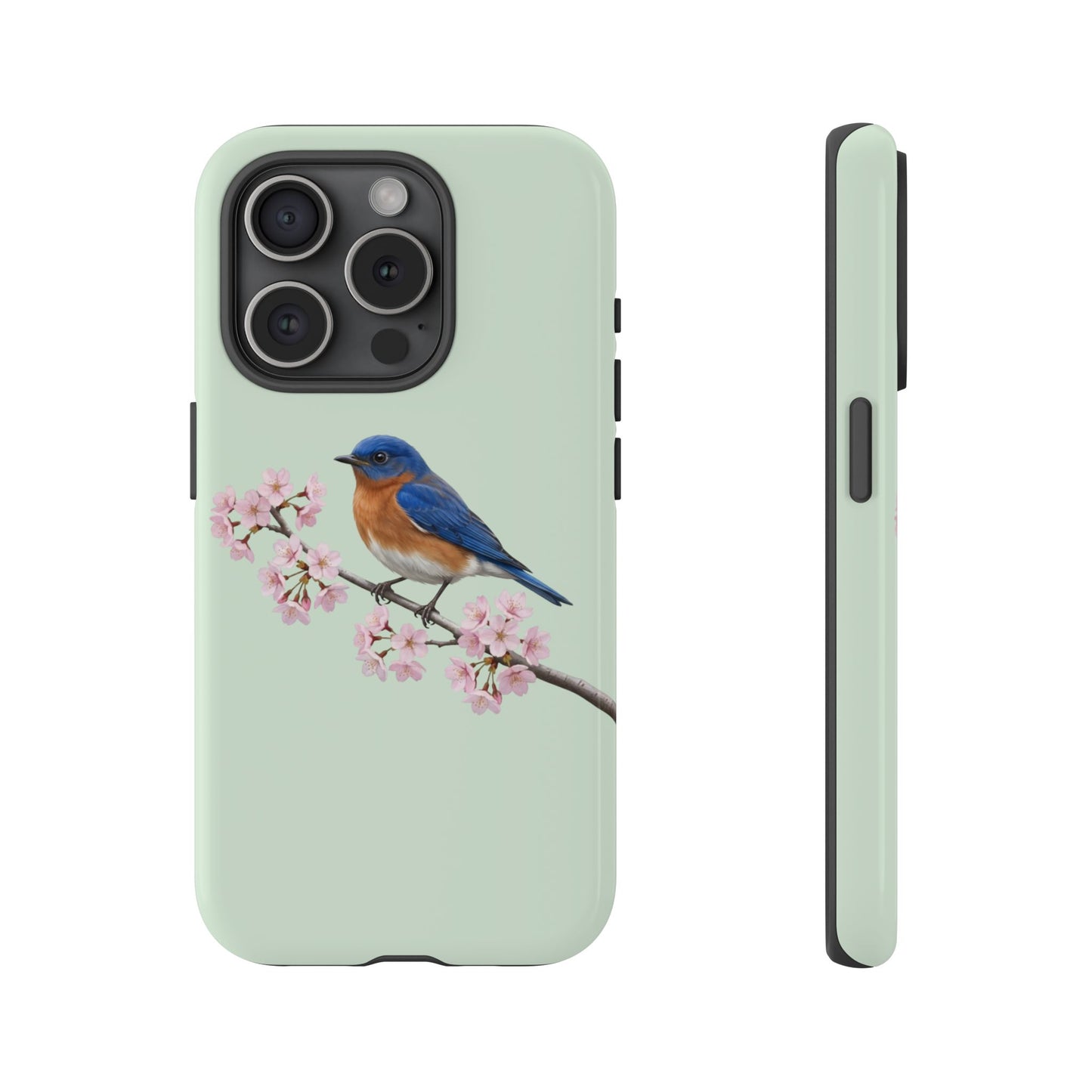 Rotkehl-Hüttensänger Handyhülle in Salbeigrün | Florales Kirschblüten Vogel-Motiv für iPhone & Google Pixel
