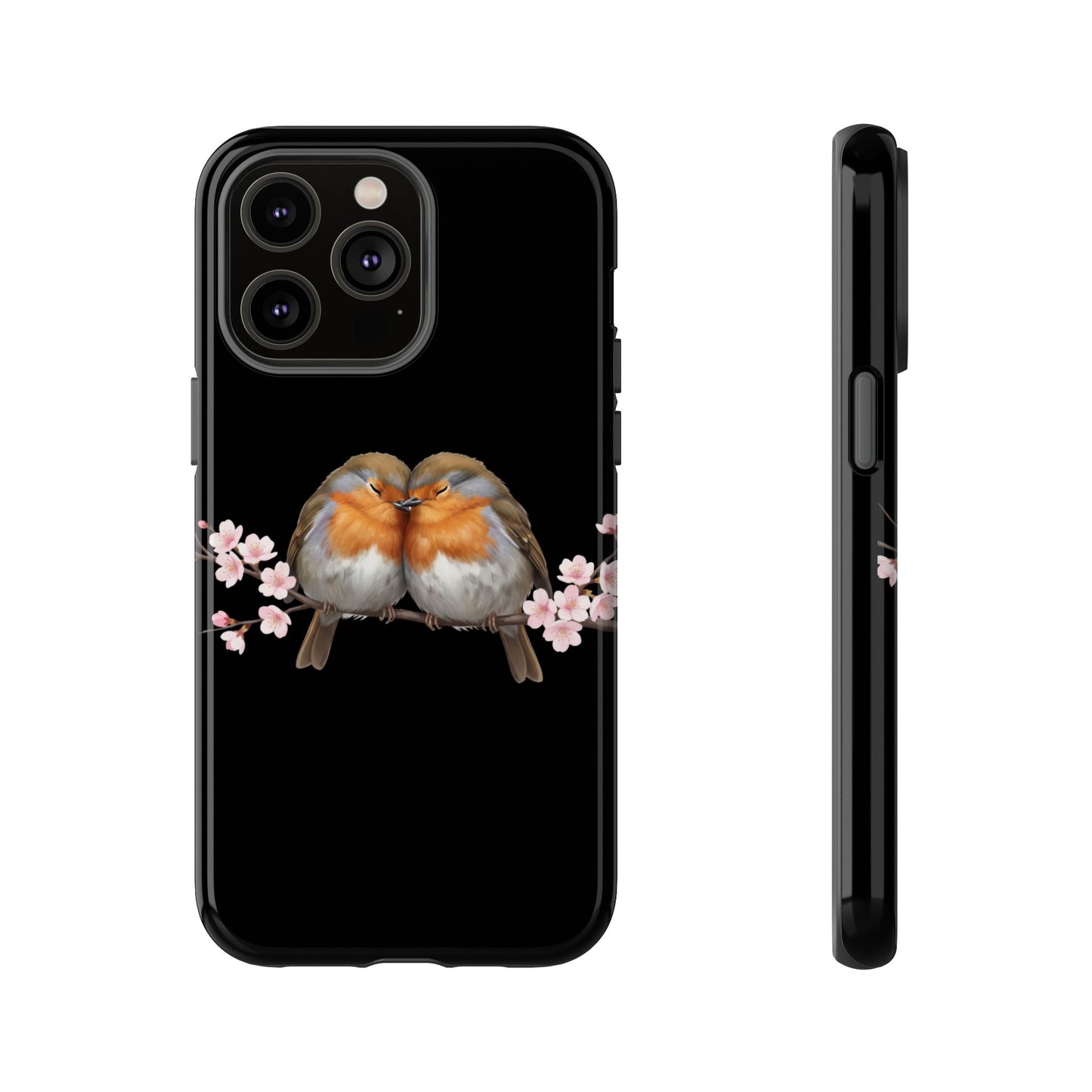 Rotkehlchen mit Kirschblüten Premium Handyhülle – Doppelt Geschützt & Rundum Bedruckt Schwarz