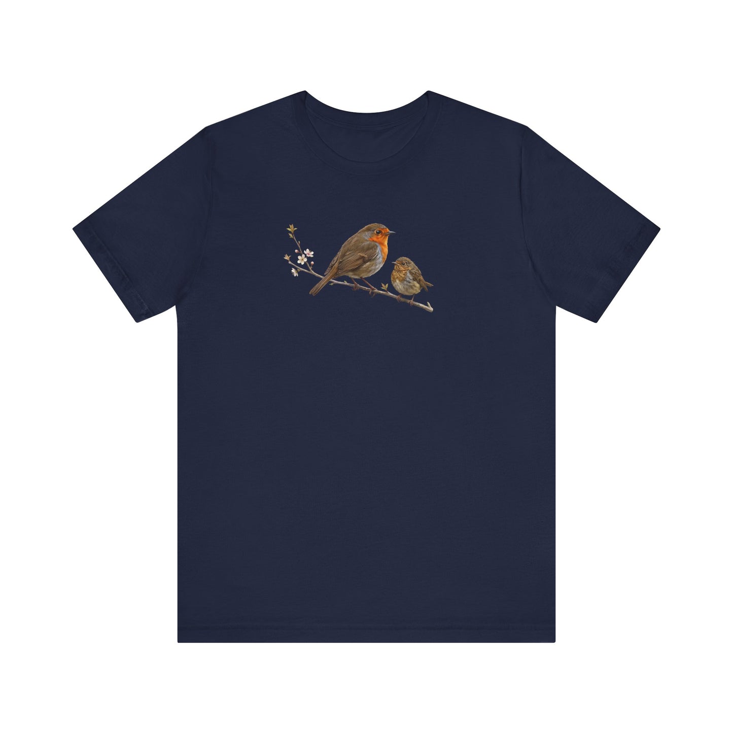 Rotkehlchen & Jungvogel T-Shirt | Frühlingsblüten Vogelmotiv für Vogelbeobachter