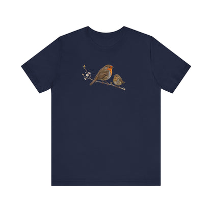 Rotkehlchen & Jungvogel T-Shirt | Frühlingsblüten Vogelmotiv für Vogelbeobachter