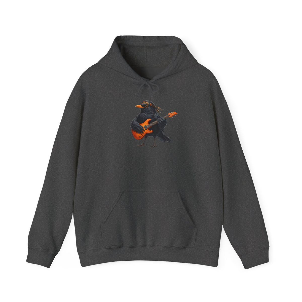 Grauer Amsel Hoodie für Damen und Herren mit gemaltem Vogel-Motiv mit E-Gitarre (Blacky Amsel) – Musik Kapuzenpullover