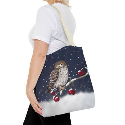 Little Owl on a Winter Branch Christmas Bird Tote Bag 16"x16"