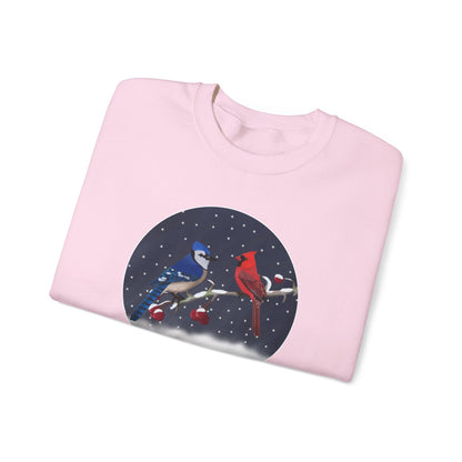 Blue Jay and Cardinal on a Winter Branch Christmas Bird Sweatshirt