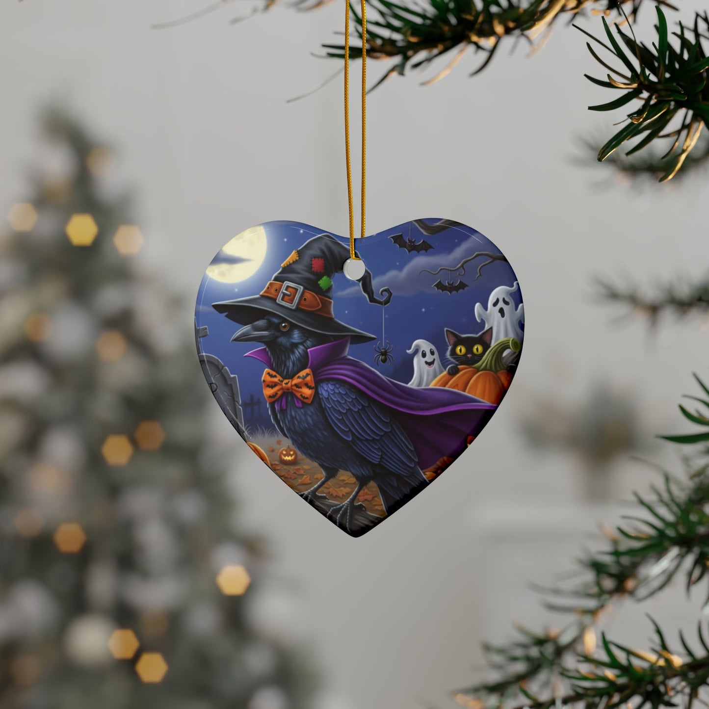 Raven Crow Bird Halloween Tree Ornament, 100% Ceramic Cute Hanging Decoration