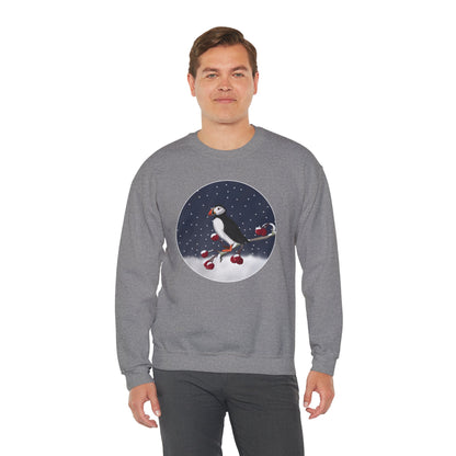 Puffin on a Winter Branch Birdwatcher Christmas Bird Sweatshirt