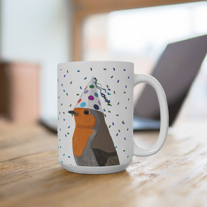Rotkehlchen feiert Geburtstag mit Partyhut und Konfetti Vogel Tasse