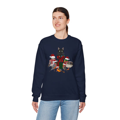 Robin Mallard Oriole Owl with Cat in a Box and Fairy Lights Birdwatcher Christmas Bird Sweatshirt