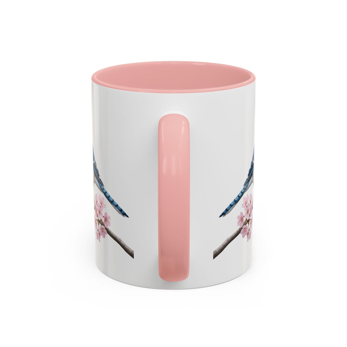 Blue Jay Cherry Blossom Mug | Pink Ceramic Coffee Cup for Bird Lovers