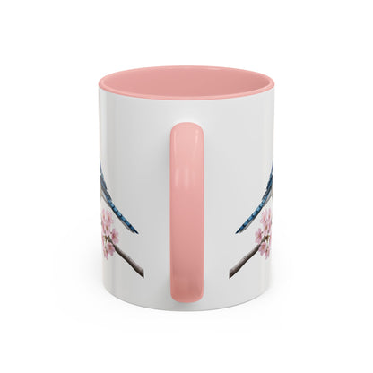 Blue Jay Cherry Blossom Mug | Pink Ceramic Coffee Cup for Bird Lovers