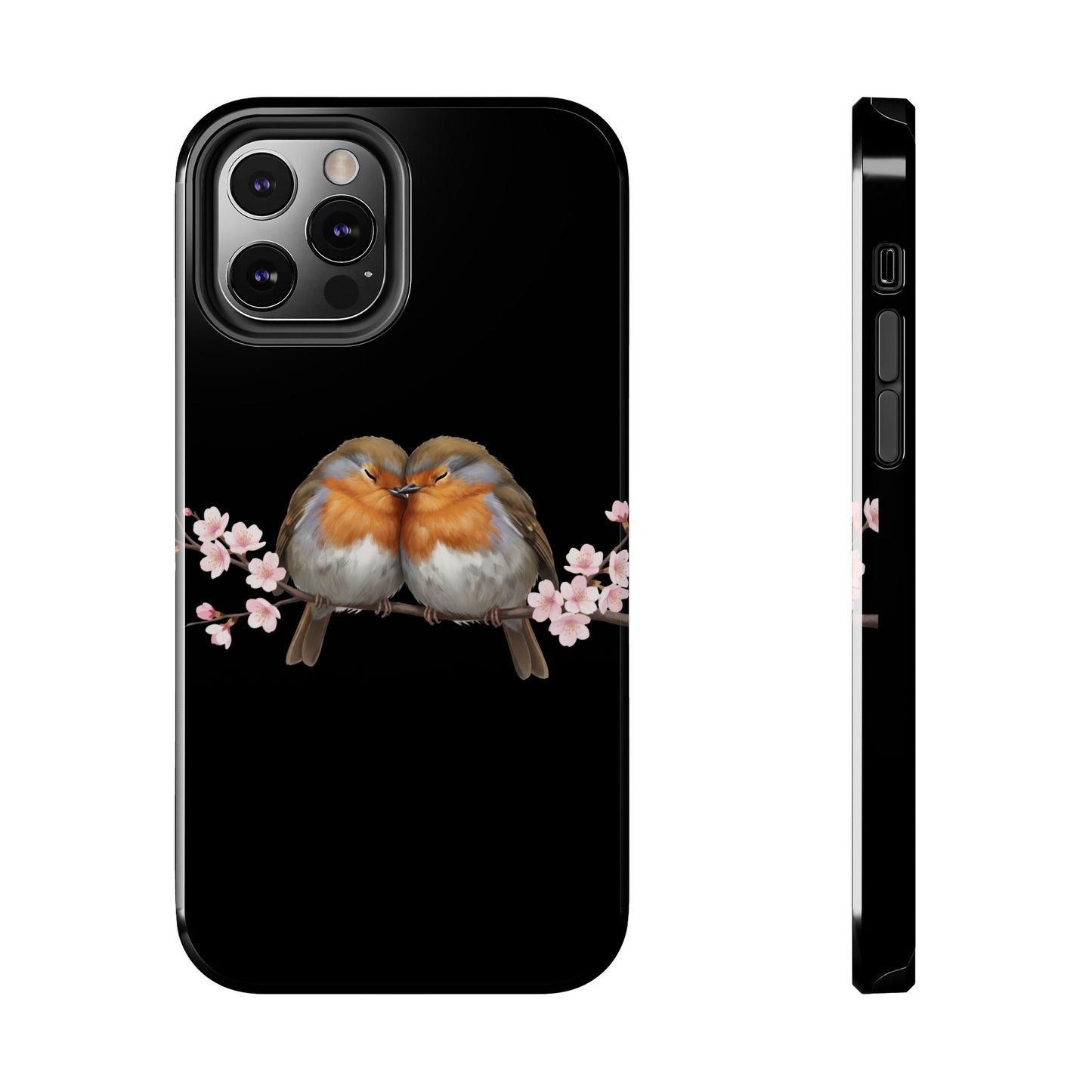 European Robin with Cherry Blossoms iPhone Case – Premium Tough Phone Cover Black