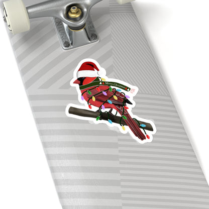 Cardinal with Fairy Lights Santa Claus Hat and Scarf Christmas Bird Sticker