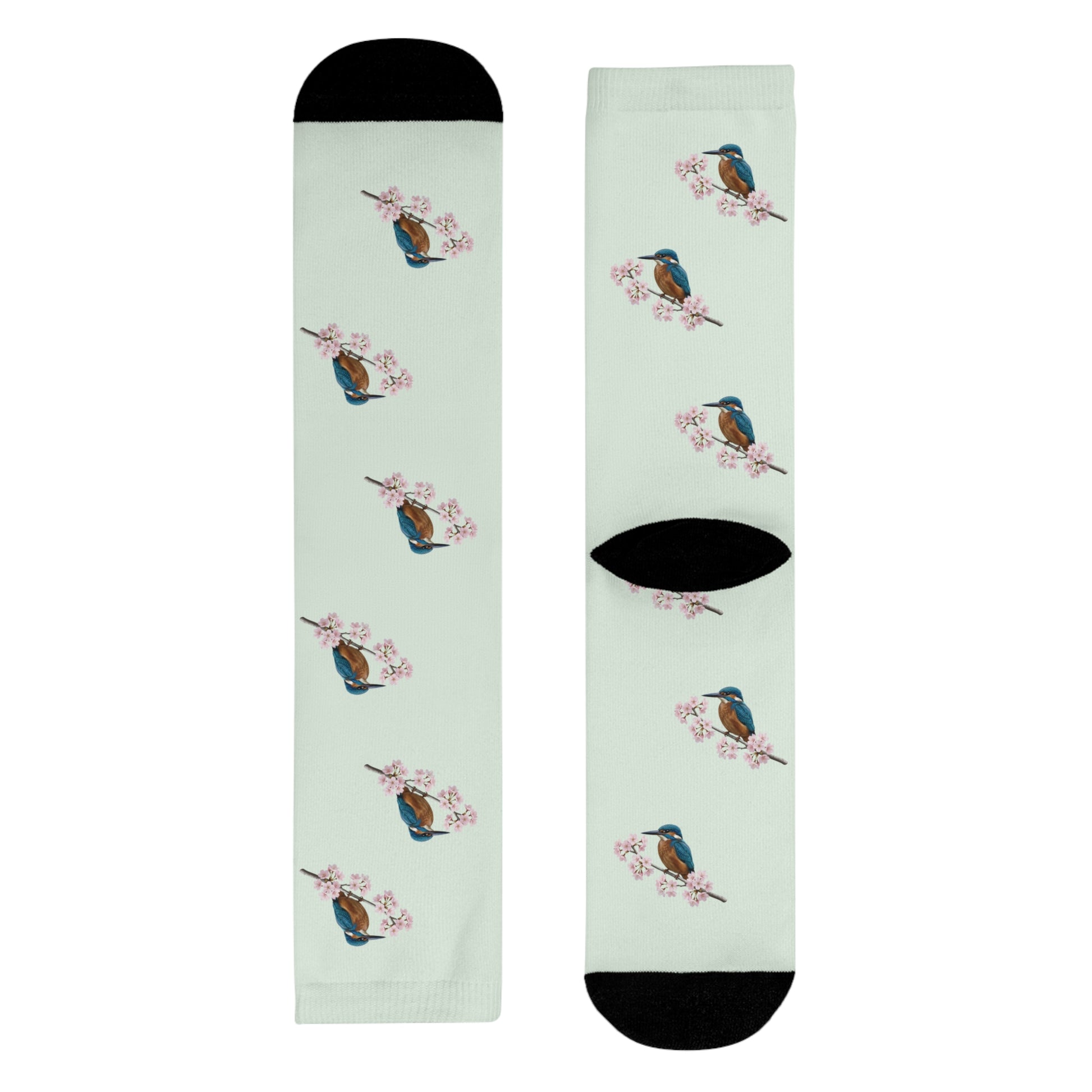 Eisvogel Socken – & Kirschblüten in Salbeigrün | Weiche Baumwollmix-Socken für Naturfreunde