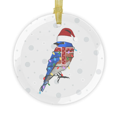 Bluebird as Santa Claus with Fairy Lights Christmas Glass Ornament