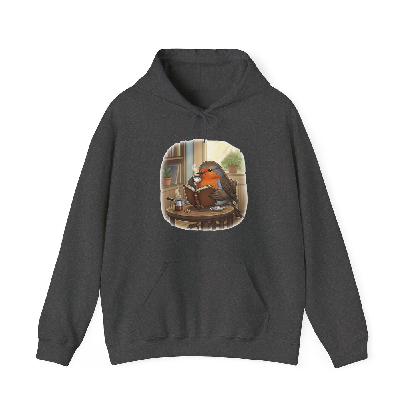 Rotkehlchen liest Bücher und trinkt Kaffee Vogel Hoodie - Kapuzenpullover für Vogelbeobachter mit Vogelmotiv