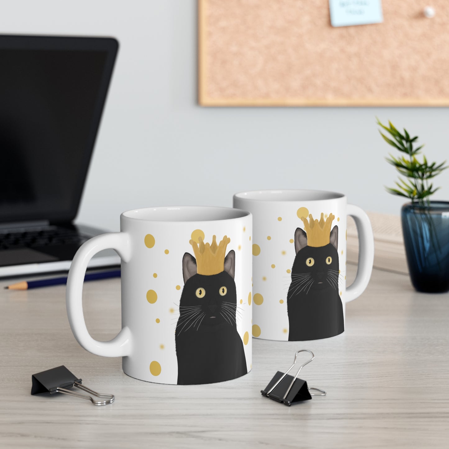 Black Cat with Crown Cat Lover Ceramic Mug White Golden Dots