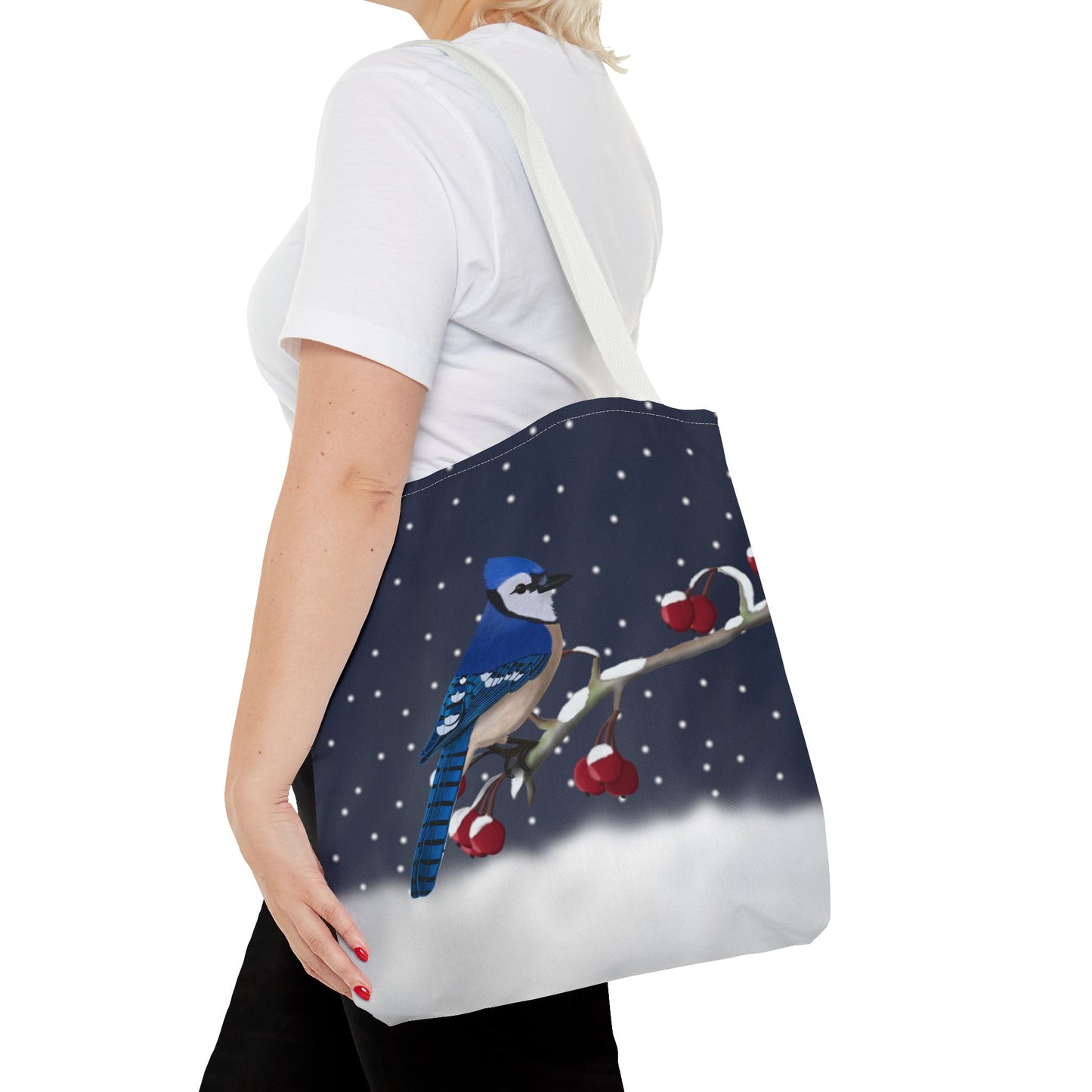 Blue Jay on a Winter Branch Christmas Bird Tote Bag 16"x16"