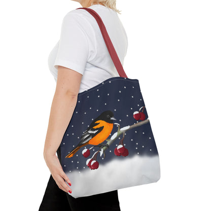 Baltimore Oriole on a Winter Branch Christmas Bird Tote Bag 16"x16"