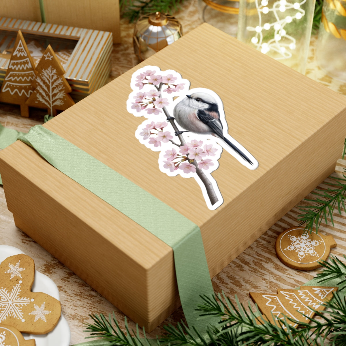 Long Tailed Titmouse Cherry Blossom Sticker | Glossy Floral Bird Decal | Spring Laptop Sticker