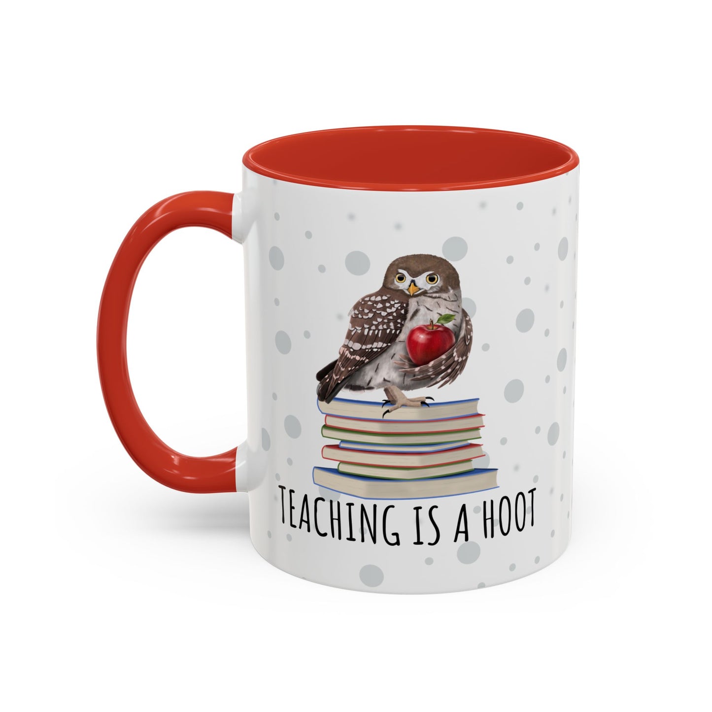 Cute Owl on Books Teacher Mug – Teaching is a Hoot – Two-Tone Classroom Coffee Cup