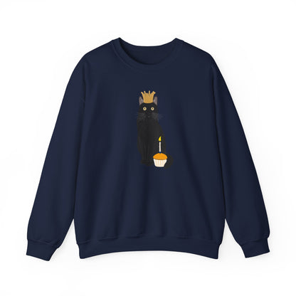 Black Birthday Cat with Muffin and Golden Crown Cat Lover Sweatshirt