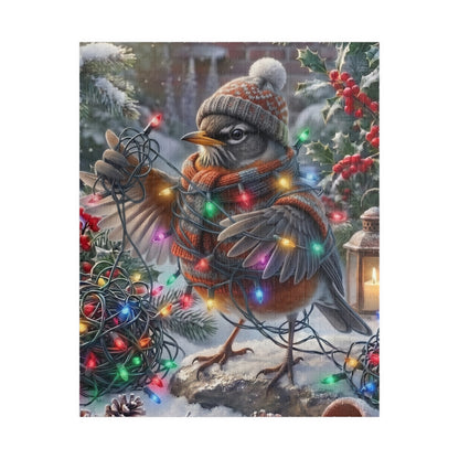 A festive winter jigsaw puzzle of a robin wearing a knit beanie and scarf, surrounded by snow, holly, red berries, and multicolored Christmas lights. The bird is perched on a rock with a lantern and additional light wires in the snowy background.