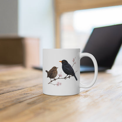 Amsel mit Ästling Premium Keramiktasse | Geschenk für Vogelbeobachter