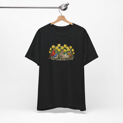 Spring Garden Tee – Bunny, Cardinal & Bluebird | Botanical Easter T-Shirt