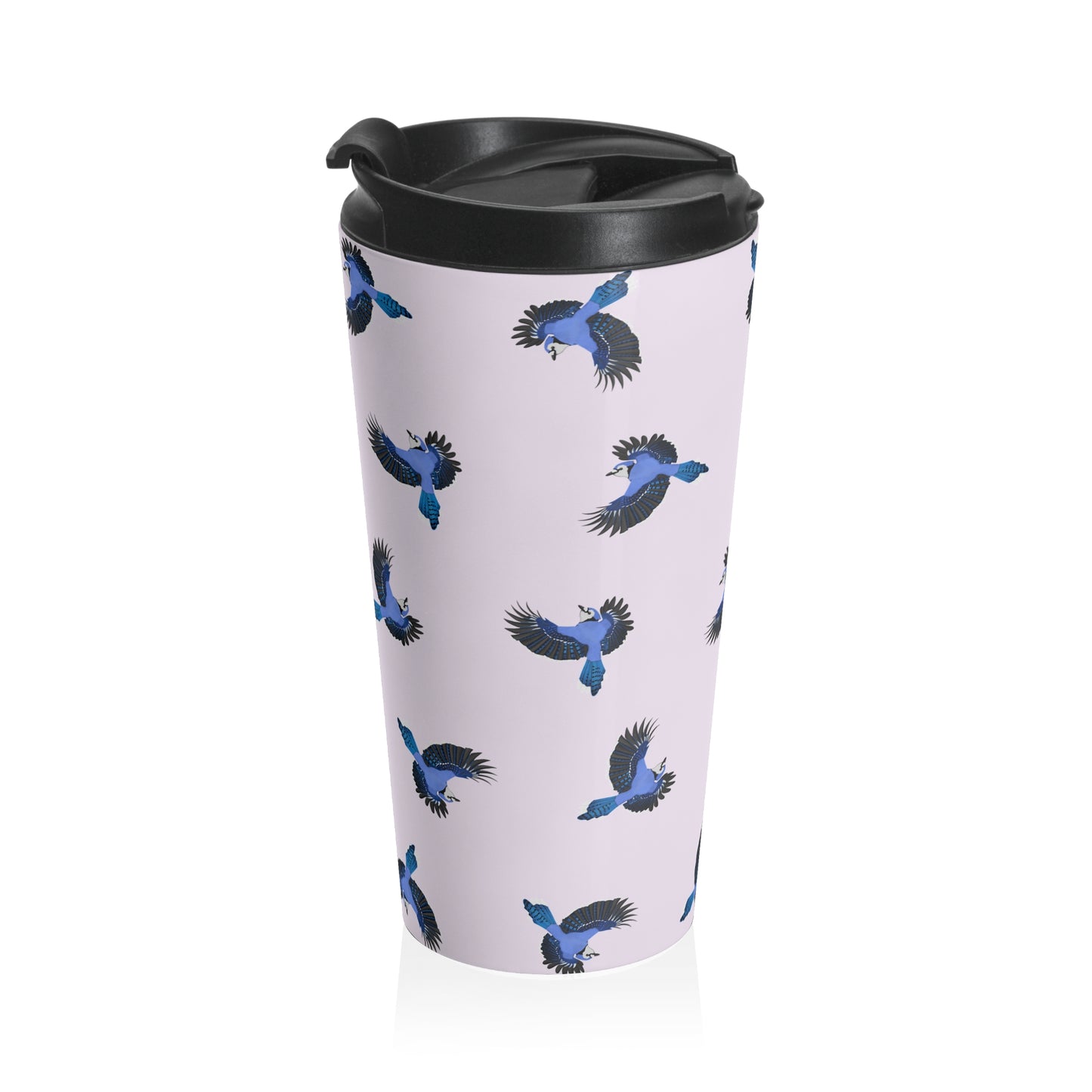Blue Jay and Tern Tumbler – All Over Pattern Travel Light Pink | 15oz Birdwatching Coffee Mug