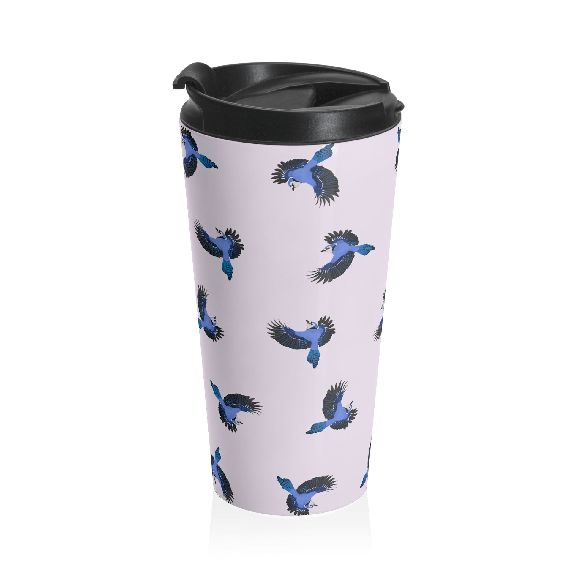 Blue Jay and Tern Tumbler – All Over Pattern Travel Light Pink | 15oz Birdwatching Coffee Mug