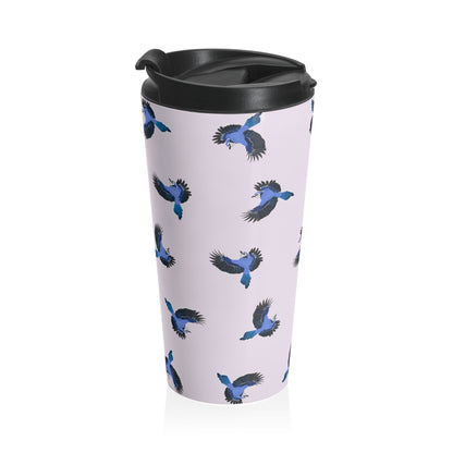 Blue Jay and Tern Tumbler – All Over Pattern Travel Light Pink | 15oz Birdwatching Coffee Mug