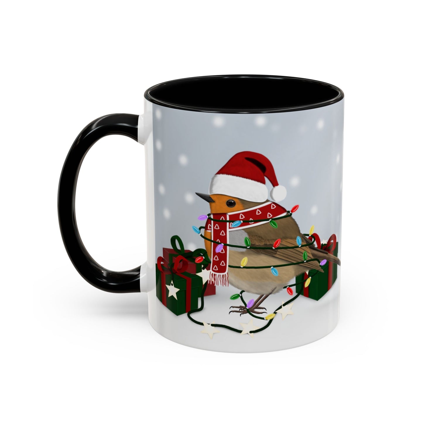 European Robin with Christmas Hat and Scarf Snow Bird Coffee Mug