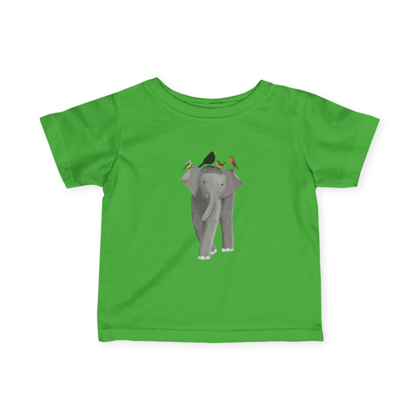 Süßes Elefant mit Amsel Blaumeise Rotkehlchen Zaunkönig Vogel Tiermotiv T-Shirt für Babys und Kleinkinder