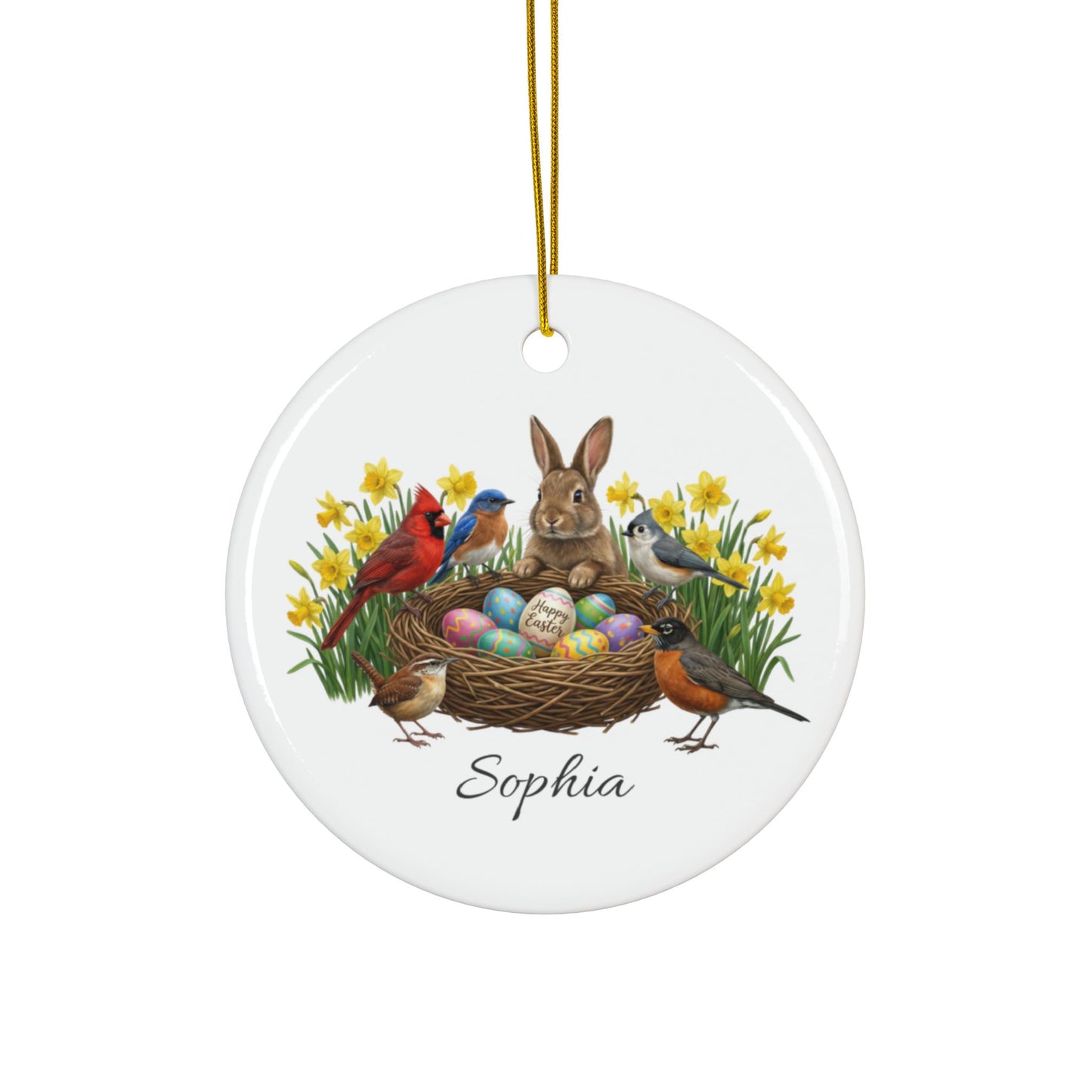 Personalized Bunny, Birds & Daffodils — Custom Name Ceramic Easter Basket Tag & Ornament
