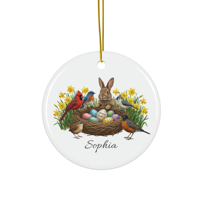 Personalized Bunny, Birds & Daffodils — Custom Name Ceramic Easter Basket Tag & Ornament
