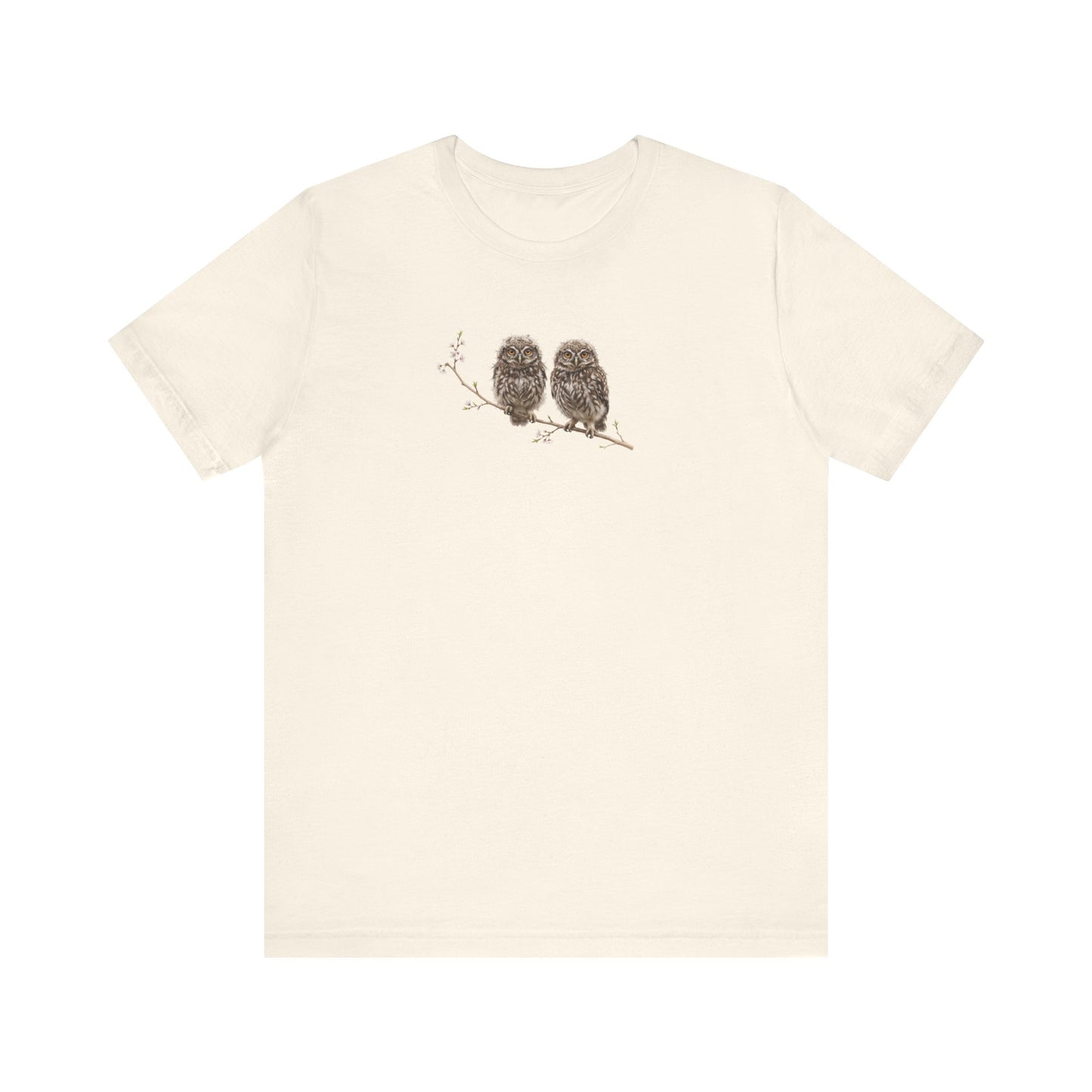 Little Owl Fledgling T-Shirt | Spring Blossoms Unisex Graphic Tee for Bird Watchers