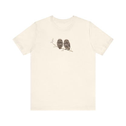 Little Owl Fledgling T-Shirt | Spring Blossoms Unisex Graphic Tee for Bird Watchers