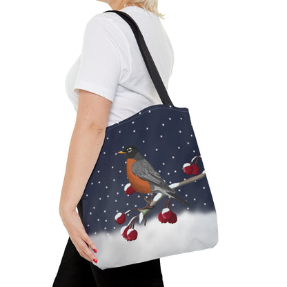 Robin on a Winter Branch Christmas Bird Tote Bag 16"x16"