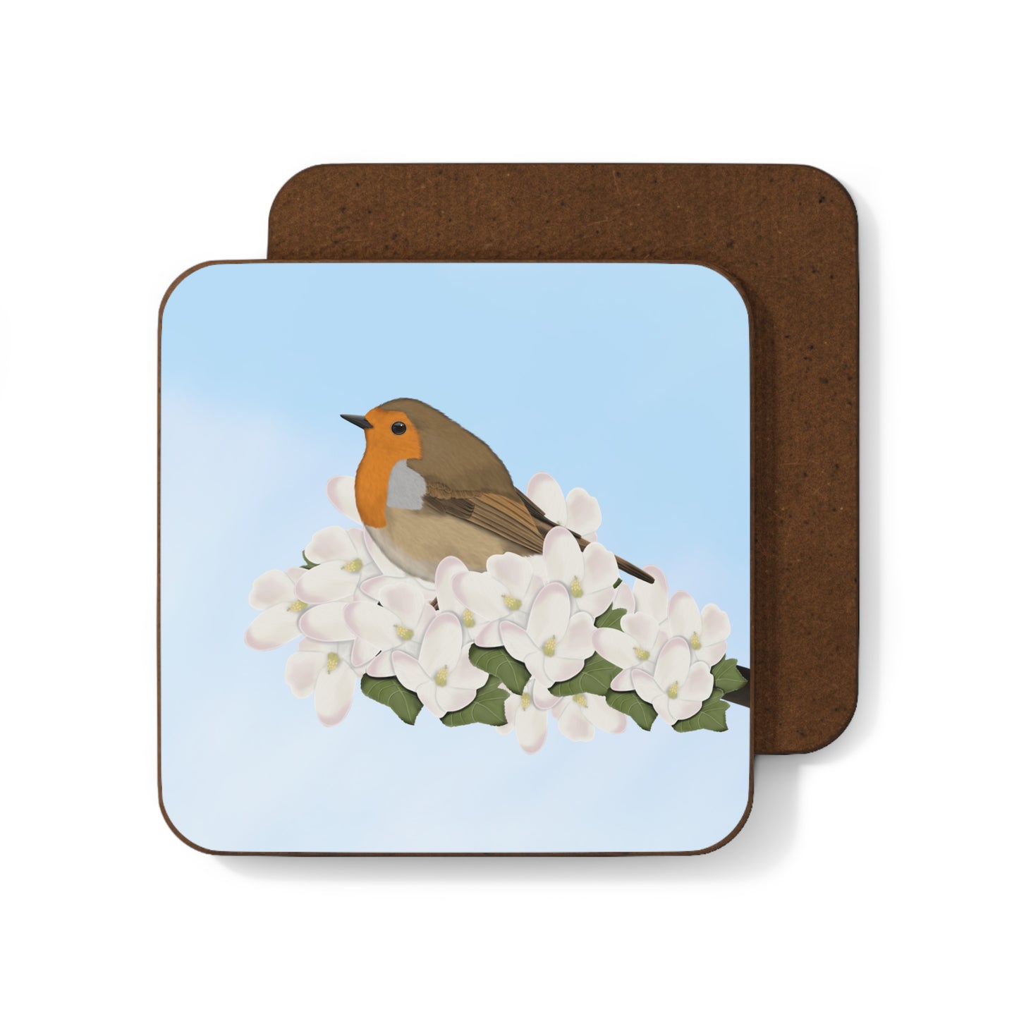 European Robin Apple Blossoms Bird Hardboard Coaster