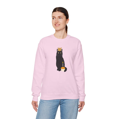 Black Birthday Cat with Muffin and Golden Crown Cat Lover Sweatshirt