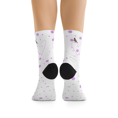 American Robin Valentine's Day Pink Heart and Dots Bird Socks White